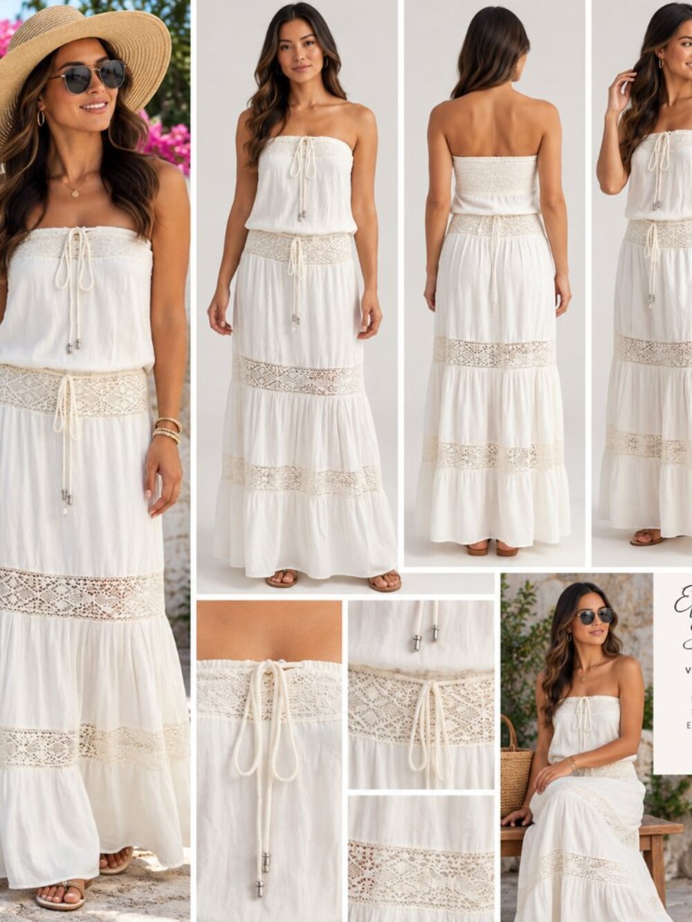 Unbranded Cream Strapless Lace Tie Tiered Maxi Dress Boho Coastal Vacation
